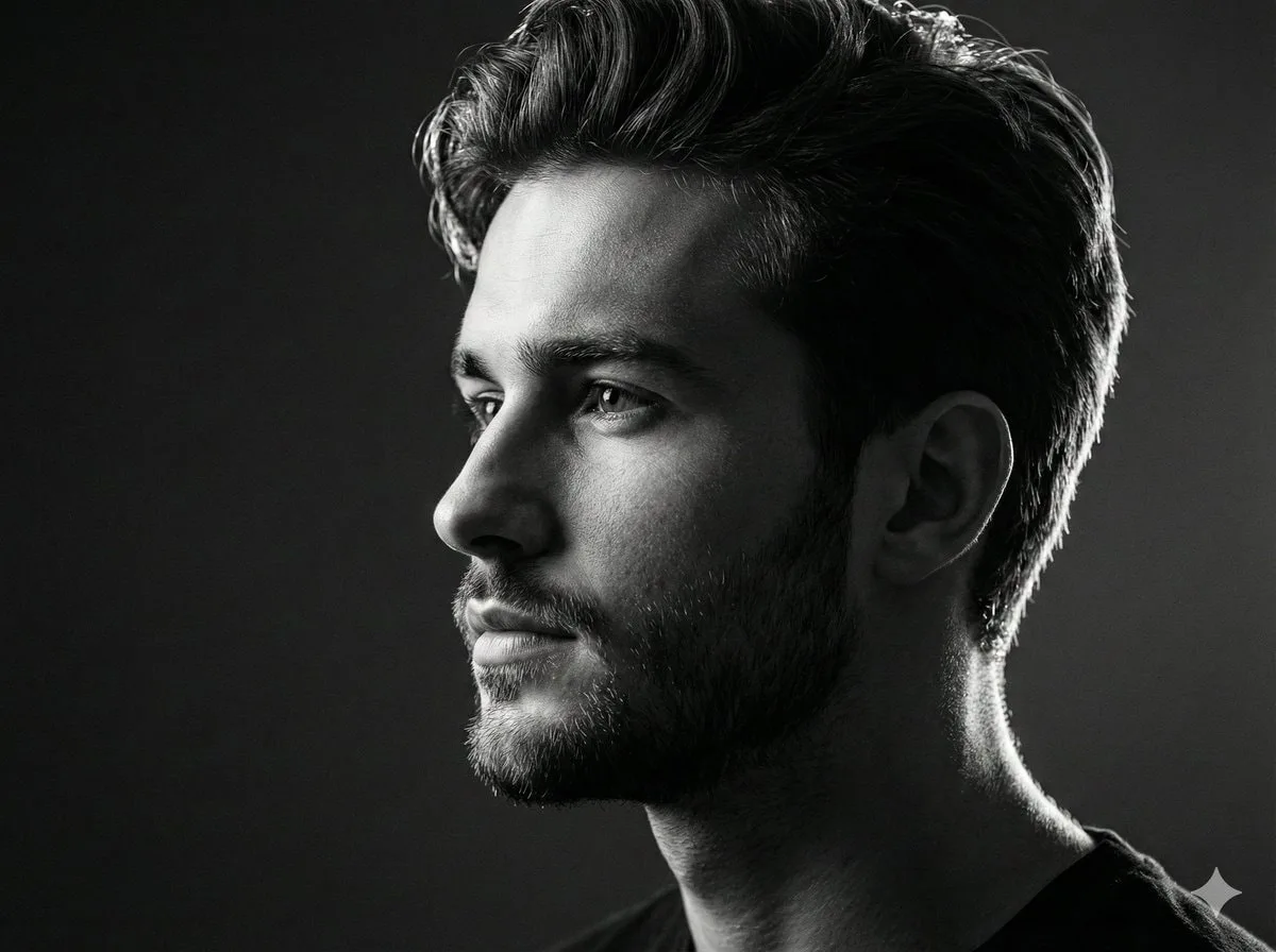 Black and white studio side-profile portrait prompt